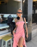 Pink A Line Strapless Ruffled Chiffon Prom Dress Outfits with Slit HZ1023