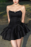 Chic Strapless Black Satin Short Prom Dress Layered Homecoming Dresses HZ1023
