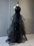 Shiny Halter Sequin Tulle Layered Long Prom Dress Black Evening Dress Wedding Dress HZ1023