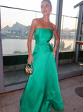 Elegant A Line Strapless Green Satin Long Prom Dress Evening Dress HZ1023