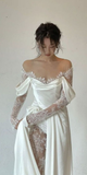 Charming White Satin Lace Long Prom Dress Wedding Dress HZ1023