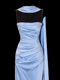 Romantic Sheath Strapless Blue Satin Open Back Long Prom Dress Graduation Prom Dress HZ1023