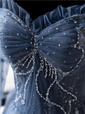 Elegant Blue Tulle Beaded Fairy Ball Gown Long Prom Dress Quinceanera Dress HZ1023