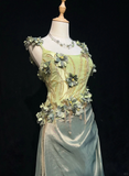 Vintage Green A Line Spaghetti Straps Beaded 3D Flower Satin Prom Dress Evening Dress HZ1023