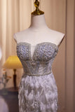 Grey Feather Mermaid Sweetheart Prom Dresses Sheer Beaded Bodice HZ1023