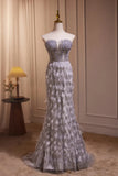 Grey Feather Mermaid Sweetheart Prom Dresses Sheer Beaded Bodice HZ1023