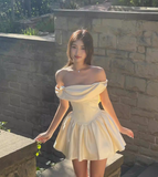 Cute A Line Off the Shoulder Ivory Satin Short Homecoming Dress Birthday Dress HZ1023
