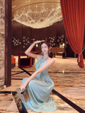Gentle Baby Blue A Line Halter Beaded Chiffon Open Back Evening Dress Party Dress HZ1023