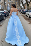 Light Blue Spaghetti Strapless Satin Lace Long Prom Dress,Elegant Evening Dresses HZ1023