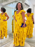 Yellow Sheath Strap Ruffle Satin Long Prom Dress Evening Dress HZ1023