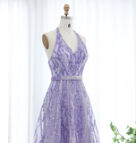 Lilac A Line V Neck Sequin Beaded Tulle Long Prom Dress Evening Dress HZ1023