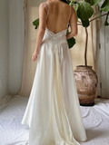 White A Line Spaghetti Straps Lace Satin Chiffon Open Back Prom Dress Evening Dress HZ1023