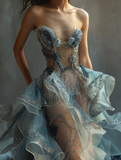 Stunning A Line Strapless Beaded Blue Ruffle Tulle Prom Dress Evening Dress HZ1023