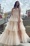 Light Champagne Slit Tulle Long Prom Dress Formal Dress HZ1023