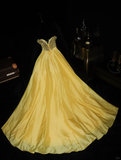 Yellow A Line Spaghetti Strap Beaded Sequin Satin Long Prom Dress Evening Dress HZ1023