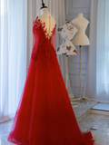 Pretty Tulle Long Prom Dress With Applique,Red Party Dress Formal Evening Dress HZ1023