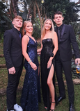 Charming Mermaid V Neck Navy Blue Sequins Satin Long Prom Dress Evening Dress with Slit HZ1023