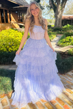 Lavender Tulle Sequin Tiered Ruffles Long Prom Dress Elegant Evening Dress Princess Ball Gown HZ1023
