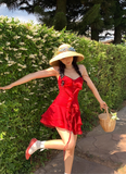 Bright Red A Line Spaghetti Strap Ruffle Chiffon Short Homecoming Dress Vacation Dress HZ1023