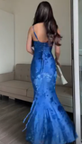 Elegant Blue Mermaid Print Long Evening Dress Formal Prom Dress HZ1023