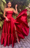 Strapless Red Long Slit Prom Dress HZ1023