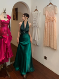 Elegant A Line Halter Green Ombre Satin Long Open Back Prom Dress Evening Dress HZ1023