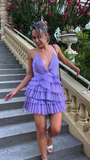 Elegant Purple Pleated V-Neck Homecoming Dress HZ1023