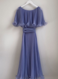 Gentle A Line Round Neck Blue Pleated Chiffon Long Evening Dress Party Dresses HZ1023