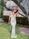 Elegant Mermaid Straps Light Green Satin Open Back Prom Dress Evening Dress HZ1023