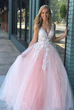 V Neck Open Back Tulle Applique Long Prom Dress HZ1023