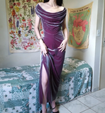 Purple Sheath Off the Shoulder Beaded Velvet Prom Dress Evening Dress with Slit HZ1023