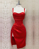 Red Sweetheart Neckline Slit Homecoming Dress Midi Prom Dress HZ1023