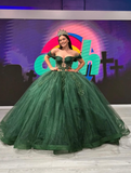 Green Tulle Applique Off the Shoulder Long Prom Dress Quinceanera Dress Ball Gown HZ1023
