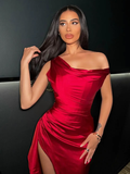 Charming Sheath Off the Shoulder Red Satin Prom Dress Evening Dress with Slit HZ1023