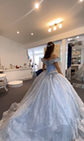 Blue Ball Gown Off the Shoulder Beaded Sequin Sweet 16 Dress Quinceanera Dress HZ1023