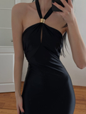 Elegant Simple Black Mermaid Halter Satin Evening Dress Party Dress Formal Dress HZ1023