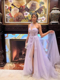 Dreamy A Line One Shoulder Corset Appliques Purple Tulle Prom Dress Evening Dress HZ1023