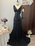 Vintage A Line V Neck Black Lace Tulle Prom Dress Evening Dress with Bow HZ1023