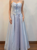 Blue A Line Spaghetti Strap Embroidered Tulle Satin Prom Dress Evening Dress HZ1023