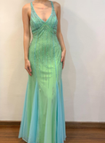 Green Mermaid Halter V Neck Beaded Chiffon Open Back Prom Dress Evening Dress HZ1023
