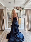 Elegant A Line Sweetheart Neck Navy Blue Satin Long Prom Dress Evening Dress HZ1023