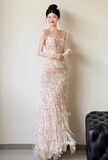 Exquisite Sheath Spaghetti Strap Beaded Tulle Prom Dress Evening Dress Party Dress HZ1023