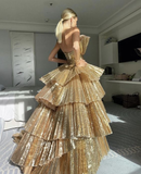 Luxurious Gold Strapless Pleated Irregular Neck Layered Prom Dress Ball Gown Quincea?era Party Dress HZ1023