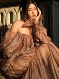 Charming Brown A Line Long Sleeve Satin Long Prom Dress Evening Dress HZ1023