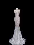 Exquisite Dreamy Mermaid Beaded Pearl Sequin White Tulle Prom Dress Party Dress with Slit HZ1023