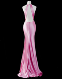 Cute Mermaid Halter Bow Pink Satin Open Back Prom Dress Graduation Prom Dress HZ1023