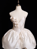 Cute A Line V Neck 3D Floral White Satin Short Homecoming Dress Birthday Dress HZ1023