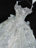 Gorgeous Ball Gown Strapless White Flower Silver Sequin Organza Prom Dress Party Dress HZ1023