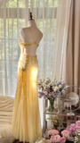 Light Yellow Mermaid Spaghetti Strap Sequin Beaded Chiffon Open Back Party Dress Evening Dress HZ1023