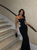 Elegant Mermaid Strapless Black Satin Long Prom Dress Evening Dress with Slit HZ1023